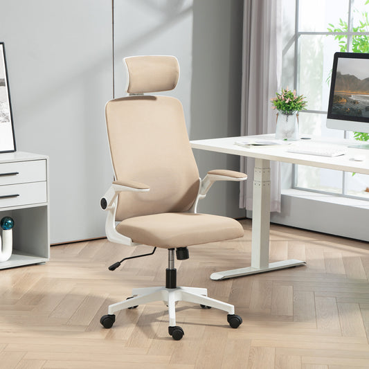 Ergonomic Mesh Office Chair with Flip-Up Armrests - Khaki Desk Chair with Rotatable Headrest & Lumbar Support