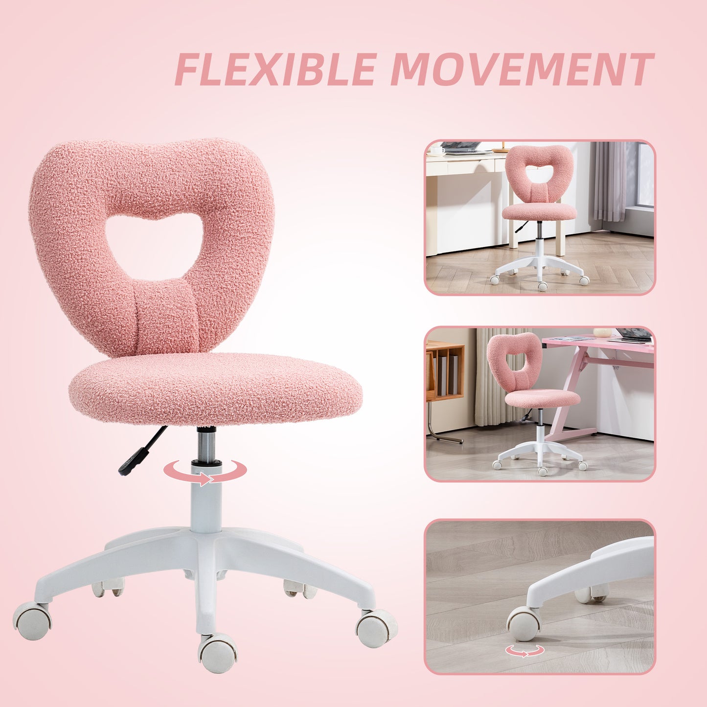 Teddy Fleece Heart-Shaped Vanity Chair - Armless Swivel Desk Chair - Pink