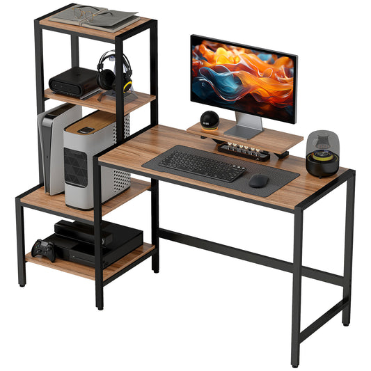 Computer Desk, 59 CPU Desk With Monitor Stand, Reversible 4-Tier Shelf, Industrial Writing Desk For Study Room, Brown