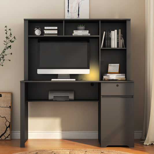 Computer Desk With Hutch & Bookshelf,Wood Executive Desk Teens Student Desk Writing Laptop Home Office Desk With Drawers,3 AC Outlets And 2 USB Charging Ports,Study Laptop Table For Home