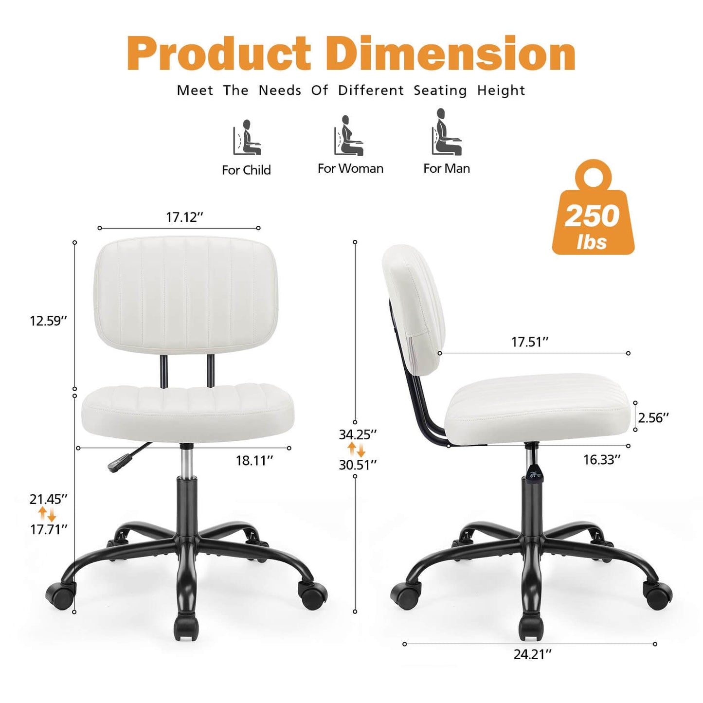 Armless Rolling Task Chair - Adjustable Height Swivel Desk Chair