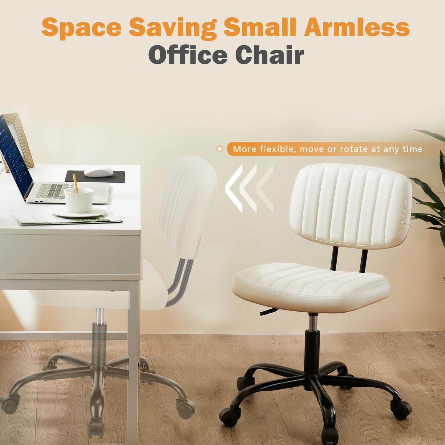 Armless Rolling Task Chair - Adjustable Height Swivel Desk Chair