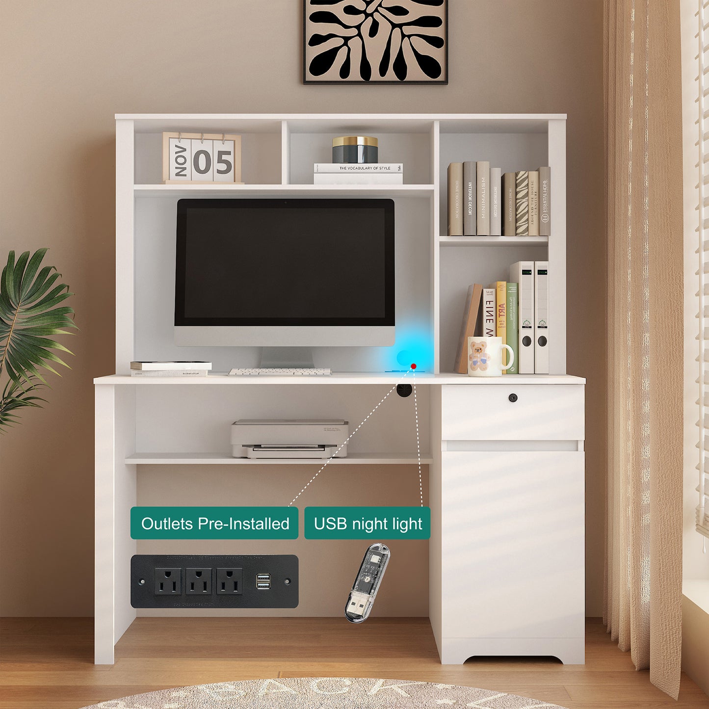 Computer Desk With Hutch & Bookshelf,Wood Executive Desk Teens Student Desk Writing Laptop Home Office Desk With Drawers,3 AC Outlets And 2 USB Charging Ports,Study Laptop Table For Home White