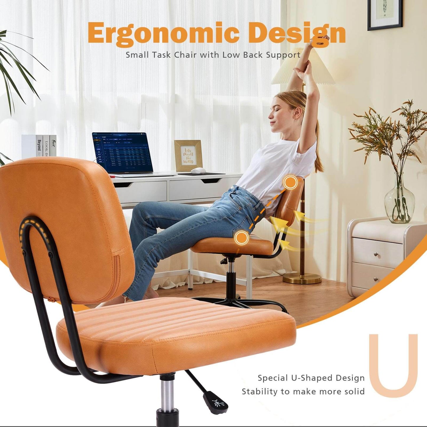 Armless Rolling Task Chair - Adjustable Height Swivel Desk Chair