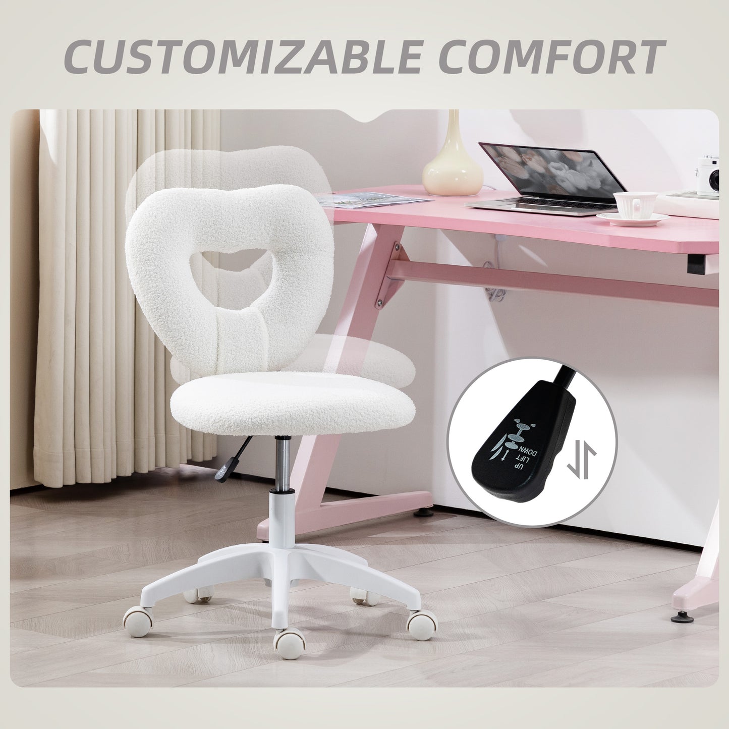Teddy Fleece Heart-Shaped Vanity Chair - Armless Swivel Desk Chair in White