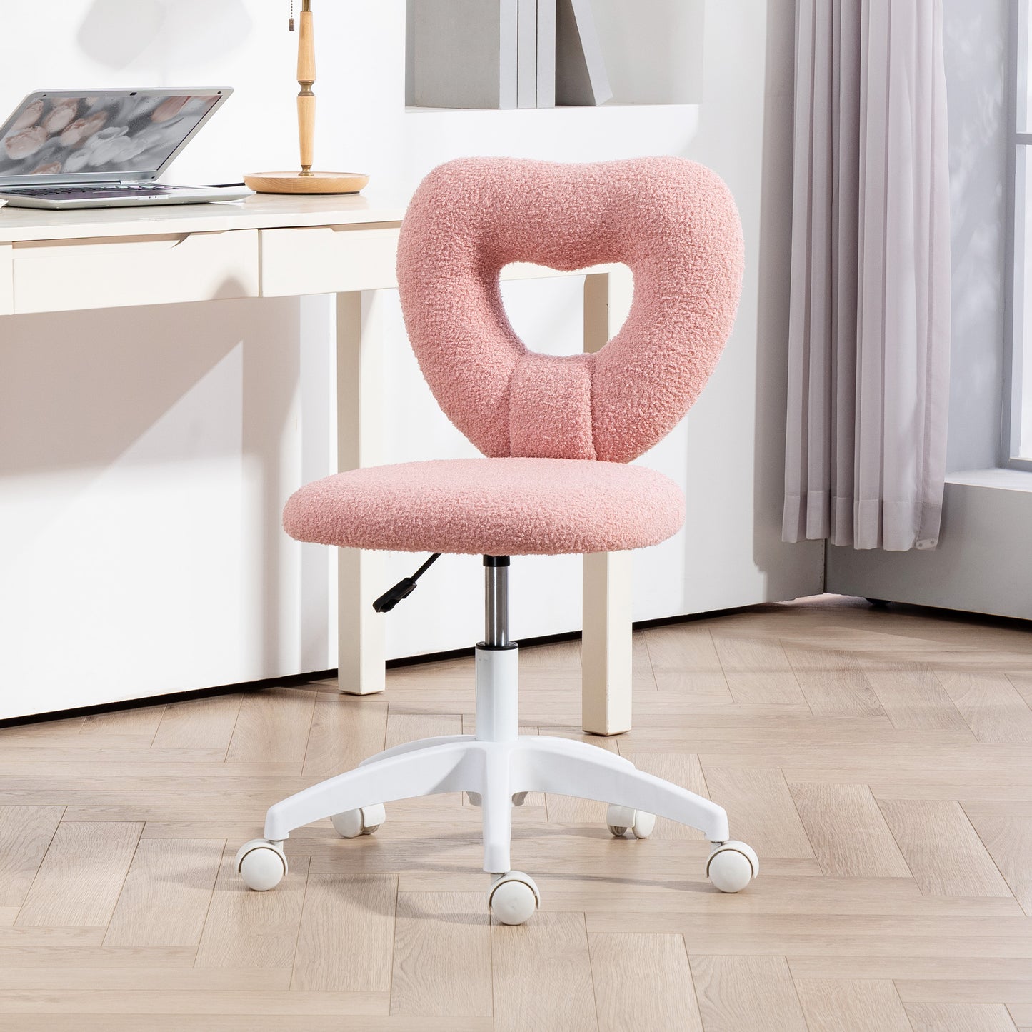 Teddy Fleece Heart-Shaped Vanity Chair - Armless Swivel Desk Chair - Pink
