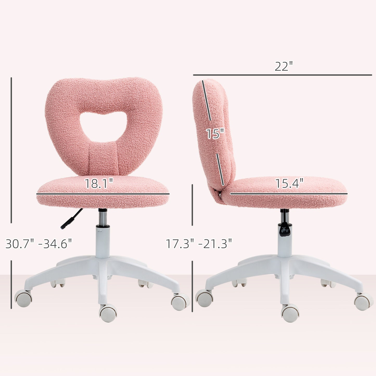 Teddy Fleece Heart-Shaped Vanity Chair - Armless Swivel Desk Chair - Pink