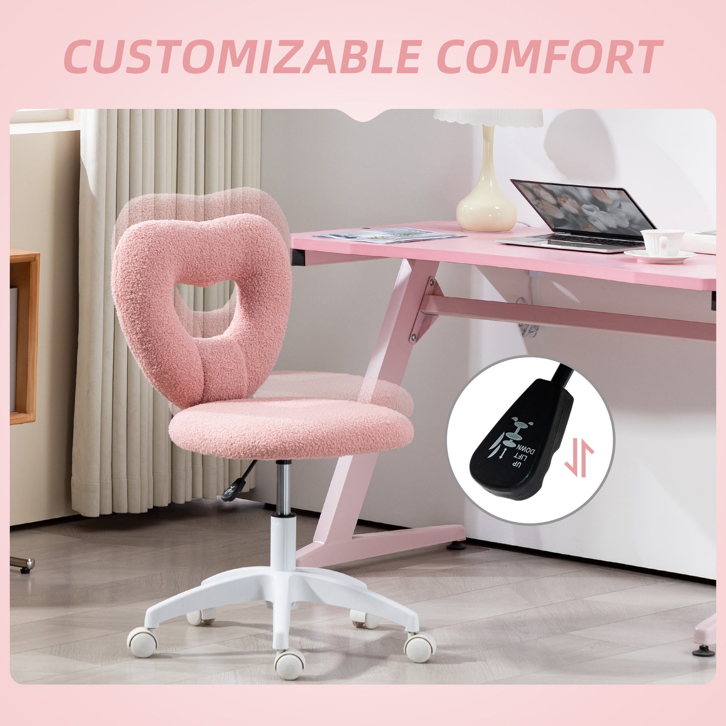 Teddy Fleece Heart-Shaped Vanity Chair - Armless Swivel Desk Chair - Pink
