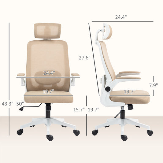Ergonomic Mesh Office Chair with Flip-Up Armrests - Khaki Desk Chair with Rotatable Headrest & Lumbar Support