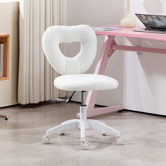 Teddy Fleece Heart-Shaped Vanity Chair - Armless Swivel Desk Chair in White