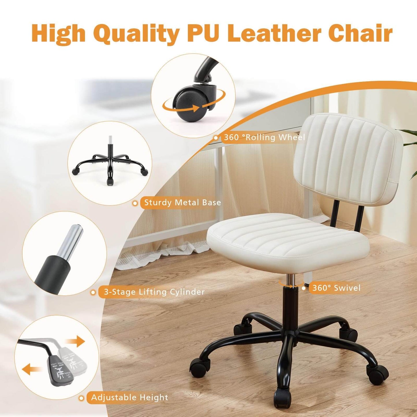 Armless Rolling Task Chair - Adjustable Height Swivel Desk Chair