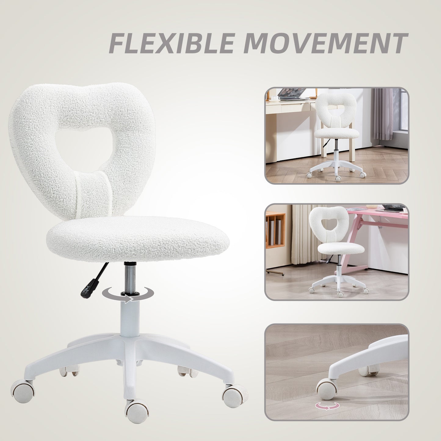 Teddy Fleece Heart-Shaped Vanity Chair - Armless Swivel Desk Chair in White
